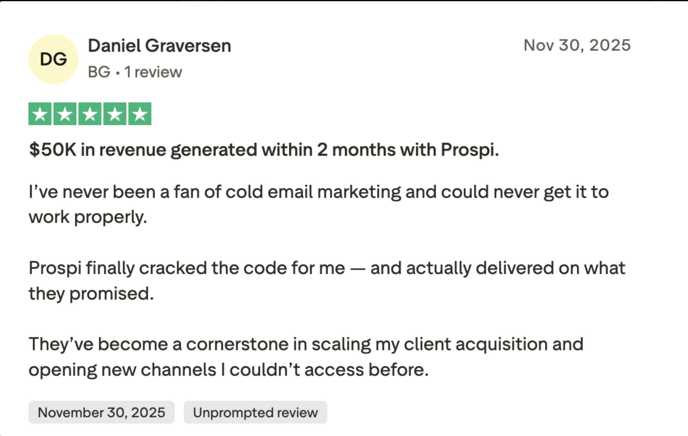 Daniel Graversen Trustpilot review for Prospi - 5 stars